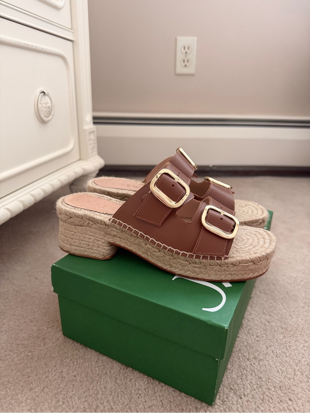 Brown Buckle Espadrille Slide Heels - Women
